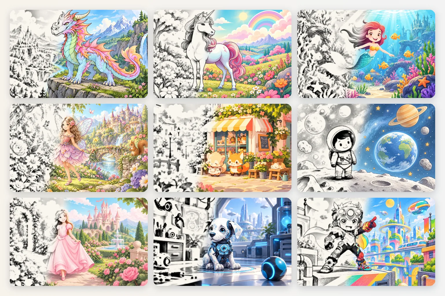 Neuf univers de coloriage en mosaïque, chacun à moitié dessiné au crayon et à moitié colorié : dragon, licorne, sirène, fée, animaux kawaii, astronaute, princesse, robot chien et super-héros.