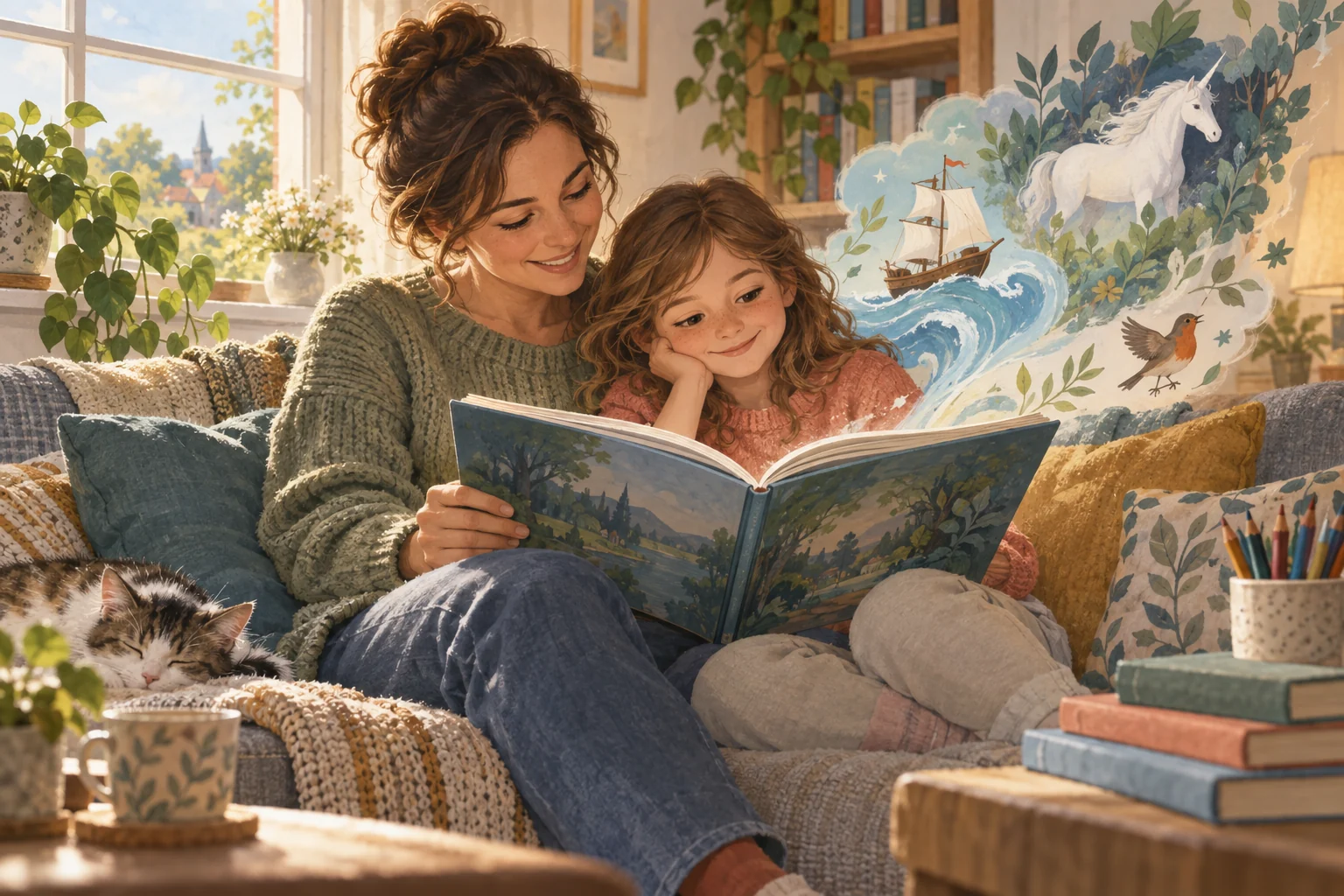 Un parent et un enfant lisent ensemble sur un canapé, tandis qu’un voilier, une licorne et un oiseau apparaissent dans leur imaginaire.