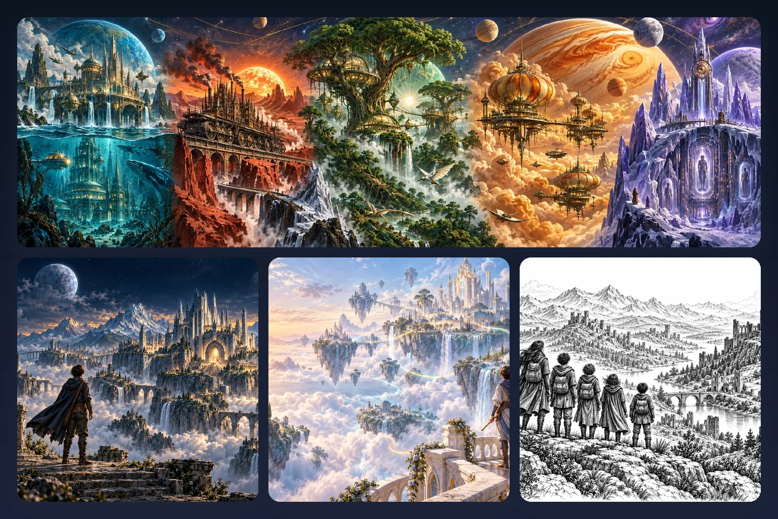 Mosaïque de mondes imaginaires : un panorama de cinq planètes, une cité aux multiples lunes, des îles suspendues dans les nuages et une gravure de jeunes voyageurs face à une vallée.