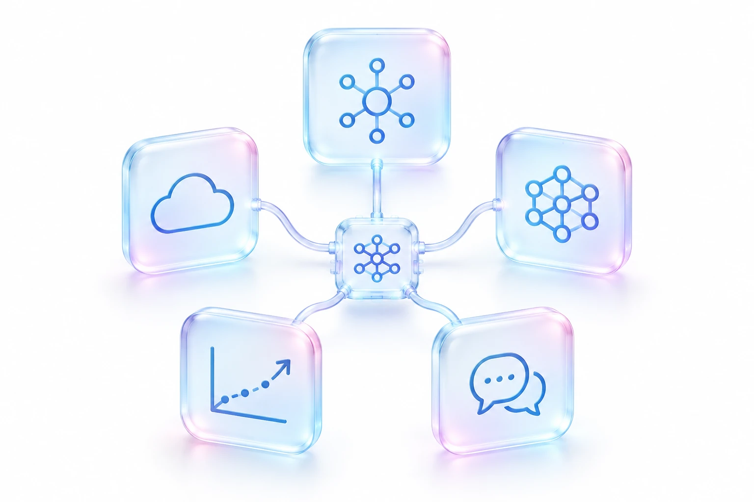 Five glass panels connected to a central chip, representing data, learning, language, forecasts and cloud computing.