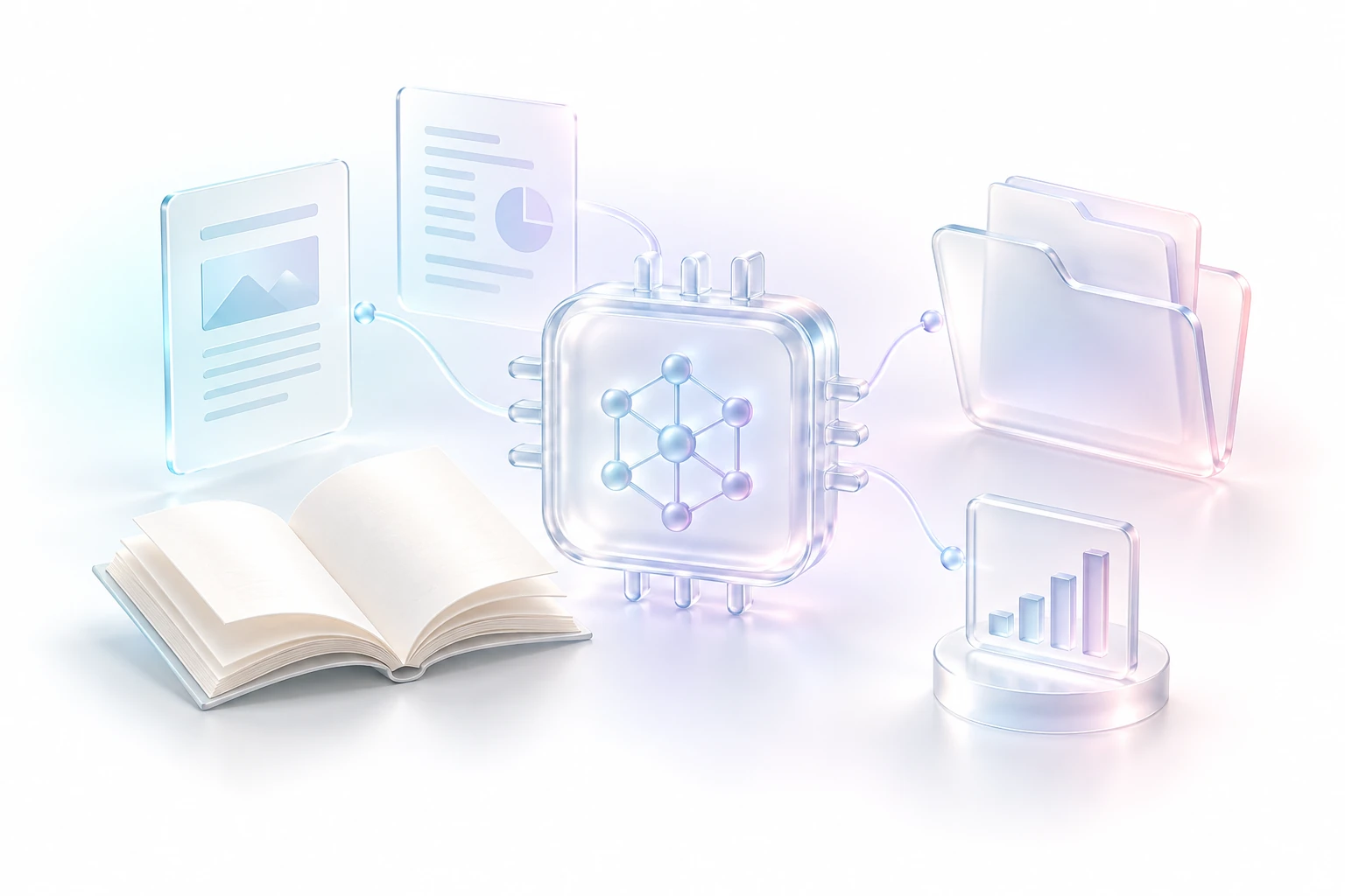 An open book, documents and a translucent glass AI chip on a white background with cyan and lavender reflections.