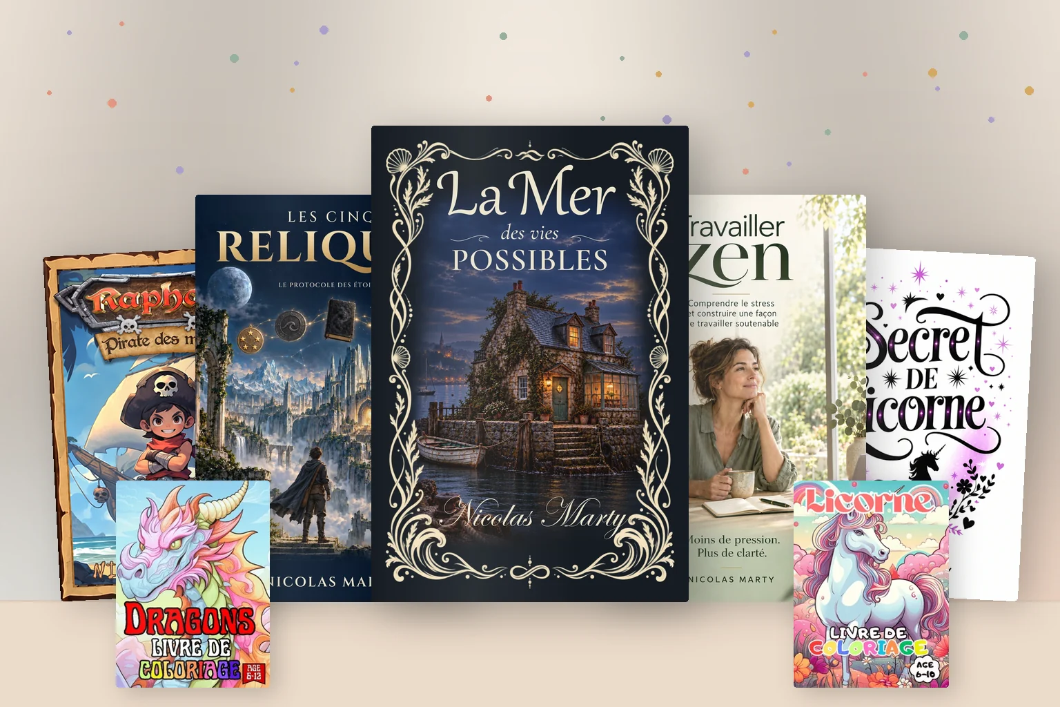 Une sélection de livres de Nicolas Marty à offrir : La mer des vies possibles au centre, entourée des Cinq reliques, de Raphaël pirate des mers, de Travailler zen, de Secret de licorne et de deux livres de coloriage.