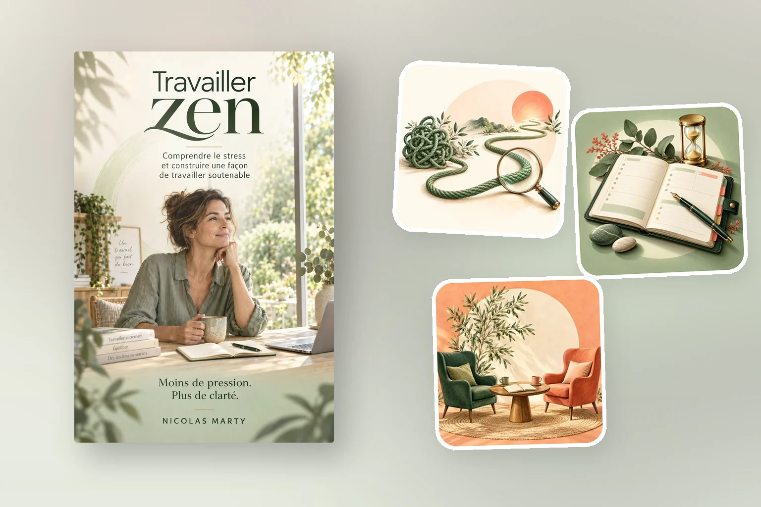 Le livre Travailler zen de Nicolas Marty entouré de trois illustrations : une corde dénouée sous une loupe, un carnet de priorités et deux fauteuils pour dialoguer.