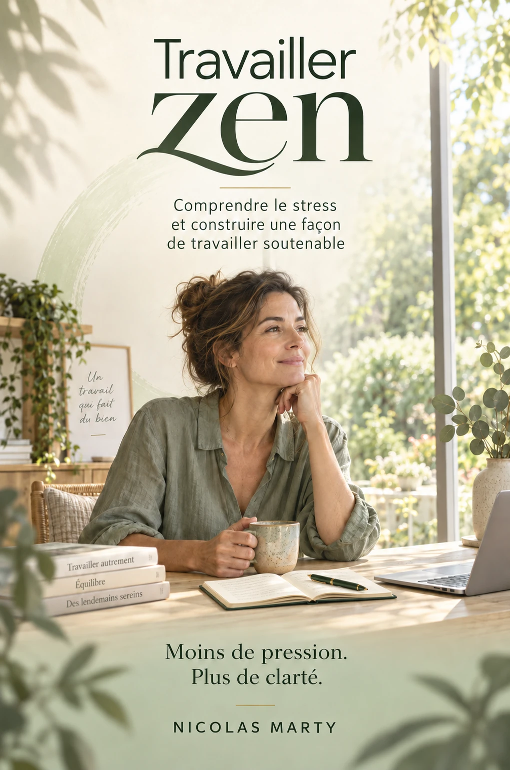 Couverture de « Travailler zen », de Nicolas Marty : une femme avec une tasse près d’une fenêtre, dans un bureau lumineux et végétalisé.